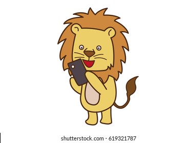 Cute Lion using mobile phone. Vector Illustration. Isolated on white background.