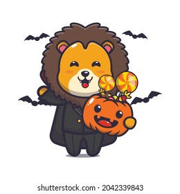 cute lion vampire holding halloween pumpkin