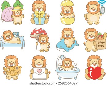 Cute Lion vector icon. Funny baby Lion animal series stock illustration. life of fluffy Lion designs.
Variation of cute lion daily life 