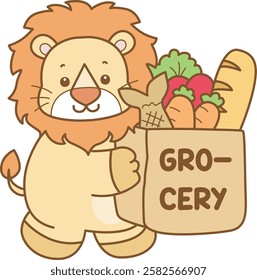 Cute Lion vector icon. Funny baby Lion animal series stock illustration. life of fluffy Lion designs.
Lion bring a grocery bag