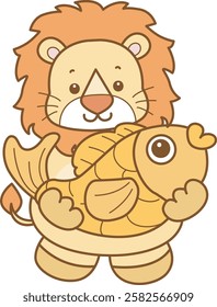 Cute Lion vector icon. Funny baby Lion animal series stock illustration. life of fluffy Lion designs.
Lion bring a gold fish