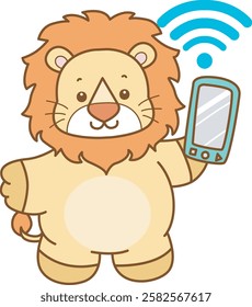 Cute Lion vector icon. Funny baby Lion animal series stock illustration. life of fluffy Lion designs.
Lion bring a cellphone finding a signal internet