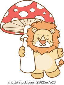 Cute Lion vector icon. Funny baby Lion animal series stock illustration. life of fluffy Lion designs.
Lion bring a big mushroom