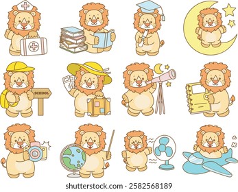 Cute Lion vector icon. Funny baby Lion animal series stock illustration. life of fluffy Lion designs.
Cute lion with variation of smart teacher