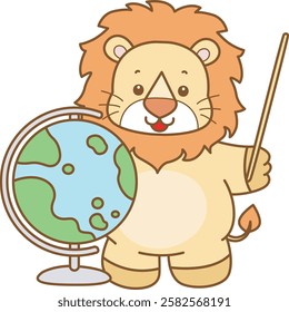 Cute Lion vector icon. Funny baby Lion animal series stock illustration. life of fluffy Lion designs.
Lion teaching with globe