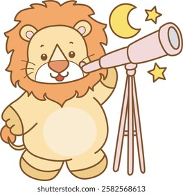 Cute Lion vector icon. Funny baby Lion animal series stock illustration. life of fluffy Lion designs.
Lion see the moon and stars from telescope