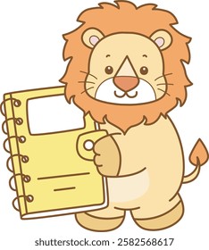 Cute Lion vector icon. Funny baby Lion animal series stock illustration. life of fluffy Lion designs.
Lion with yellow notebook