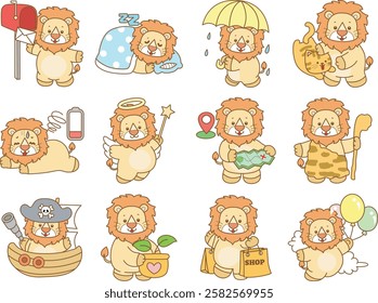 Cute Lion vector icon. Funny baby Lion animal series stock illustration. life of fluffy Lion designs.
Lion in the variation of costume and daily vlog