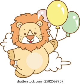 Cute Lion vector icon. Funny baby Lion animal series stock illustration. life of fluffy Lion designs.
Lion bring a three of balloons