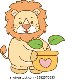 Cute Lion vector icon. Funny baby Lion animal series stock illustration. life of fluffy Lion designs.
Lion bring a leaves in the pot