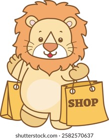 Cute Lion vector icon. Funny baby Lion animal series stock illustration. life of fluffy Lion designs.Lion bring a shopping bag