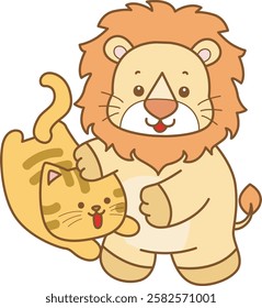 Cute Lion vector icon. Funny baby Lion animal series stock illustration. life of fluffy Lion designs.
Lion love with cat