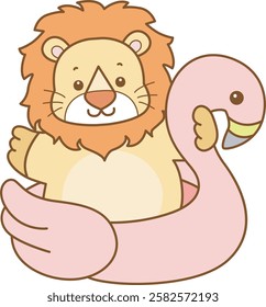 Cute Lion vector icon. Funny baby Lion animal series stock illustration. life of fluffy Lion designs.
Lion with flamingo tire