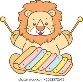 Cute Lion vector icon. Funny baby Lion animal series stock illustration. life of fluffy Lion designs.
Lion play a xylophone