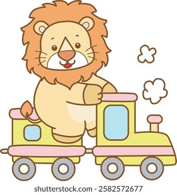 Cute Lion vector icon. Funny baby Lion animal series stock illustration. life of fluffy Lion designs.
Lion riding a train