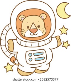 Cute Lion vector icon. Funny baby Lion animal series stock illustration. life of fluffy Lion designs.Lion wearing an astronaut costume