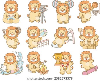 Cute Lion vector icon. Funny baby Lion animal series stock illustration. life of fluffy Lion designs.
Lion with variation of sport and exercise