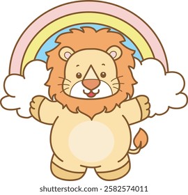 Cute Lion vector icon. Funny baby Lion animal series stock illustration. life of fluffy Lion designs.
Lion in front of rainbow