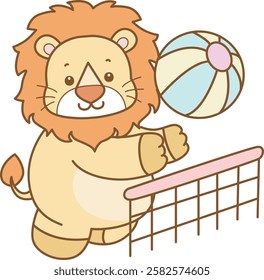 Cute Lion vector icon. Funny baby Lion animal series stock illustration. life of fluffy Lion designs.
Lion playing a volley ball