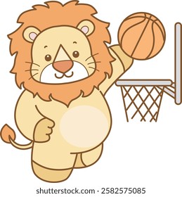 Cute Lion vector icon. Funny baby Lion animal series stock illustration. life of fluffy Lion designs.
Lion playing a basket ball