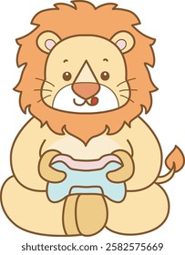 Cute Lion vector icon. Funny baby Lion animal series stock illustration. life of fluffy Lion designs.
Lion play a game with joystick