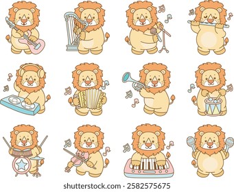 Cute Lion vector icon. Funny baby Lion animal series stock illustration. life of fluffy Lion designs.
Cute lion with variation of instrument and music