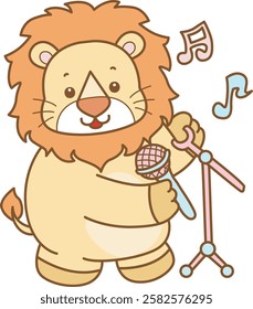 Cute Lion vector icon. Funny baby Lion animal series stock illustration. life of fluffy Lion designs.
Lion is sing a song with microphone