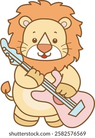 Cute Lion vector icon. Funny baby Lion animal series stock illustration. life of fluffy Lion designs.
Lion playing a guitar