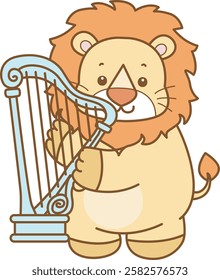 Cute Lion vector icon. Funny baby Lion animal series stock illustration. life of fluffy Lion designs.
Lion playing a harpa