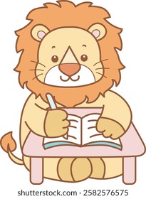 Cute Lion vector icon. Funny baby Lion animal series stock illustration. life of fluffy Lion designs.
Lion is studying in the table