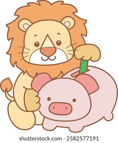 Cute Lion vector icon. Funny baby Lion animal series stock illustration. life of fluffy Lion designs.
Lion is saving money in the piggy bank
