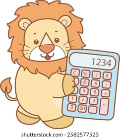 Cute Lion vector icon. Funny baby Lion animal series stock illustration. life of fluffy Lion designs. Lion bring a calculator
