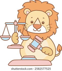 Cute Lion vector icon. Funny baby Lion animal series stock illustration. life of fluffy Lion designs.
Lion bring a hammer and scales
