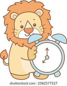 Cute Lion vector icon. Funny baby Lion animal series stock illustration. life of fluffy Lion designs.
Lion bring an alarm clock
