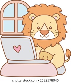 Cute Lion vector icon. Funny baby Lion animal series stock illustration. life of fluffy Lion designs.
Lion working with notebook
