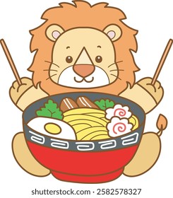 Cute Lion vector icon. Funny baby Lion animal series stock illustration. life of fluffy Lion designs.
Lion want to eating ramen