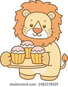 Cute Lion vector icon. Funny baby Lion animal series stock illustration. life of fluffy Lion designs.
Lion bring a three of cupcakes