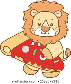 Cute Lion vector icon. Funny baby Lion animal series stock illustration. life of fluffy Lion designs.
Lion bring a big pizza