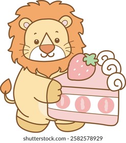 Cute Lion vector icon. Funny baby Lion animal series stock illustration. life of fluffy Lion designs. Lion bring a strawberry cupcake
