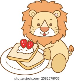 Cute Lion vector icon. Funny baby Lion animal series stock illustration. life of fluffy Lion designs. Lion bring a strawberry bread
