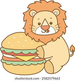 Cute Lion vector icon. Funny baby Lion animal series stock illustration. life of fluffy Lion designs. Lion bring a big burger
