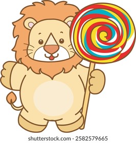 Cute Lion vector icon. Funny baby Lion animal series stock illustration. life of fluffy Lion designs.
Lion bring a big lollipop