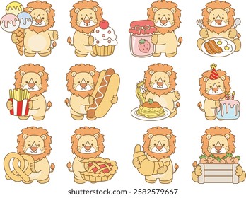 Cute Lion vector icon. Funny baby Lion animal series stock illustration. life of fluffy Lion designs.
Cute lion with variation of breakfast and lunch food
