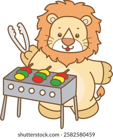 Cute Lion vector icon. Funny baby Lion animal series stock illustration. life of fluffy Lion designs.
Lion roasting a barbecue