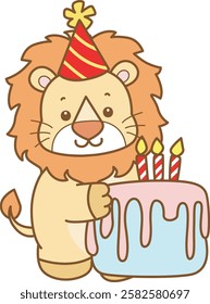 Cute Lion vector icon. Funny baby Lion animal series stock illustration. life of fluffy Lion designs.
Lion bring a birthday cake