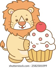 Cute Lion vector icon. Funny baby Lion animal series stock illustration. life of fluffy Lion designs.
Lion bring a creamy cupcake