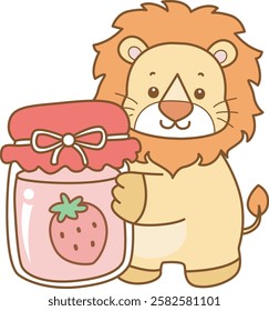 Cute Lion vector icon. Funny baby Lion animal series stock illustration. life of fluffy Lion designs.
Lion bring a strawberry jam