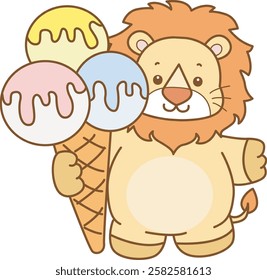 Cute Lion vector icon. Funny baby Lion animal series stock illustration. life of fluffy Lion designs.
Lion bring a three scoops of ice cream