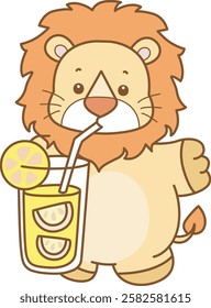 Cute Lion vector icon. Funny baby Lion animal series stock illustration. life of fluffy Lion designs.
Lion drinking an orange juice