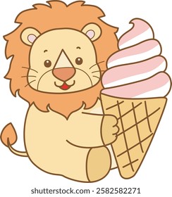 Cute Lion vector icon. Funny baby Lion animal series stock illustration. life of fluffy Lion designs. A lion bring a strawberry ice cream
